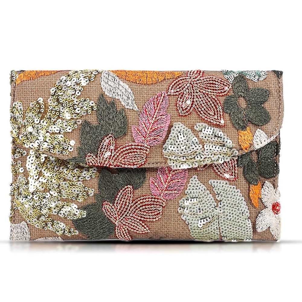 Sequin Embroidered Floral Clutch